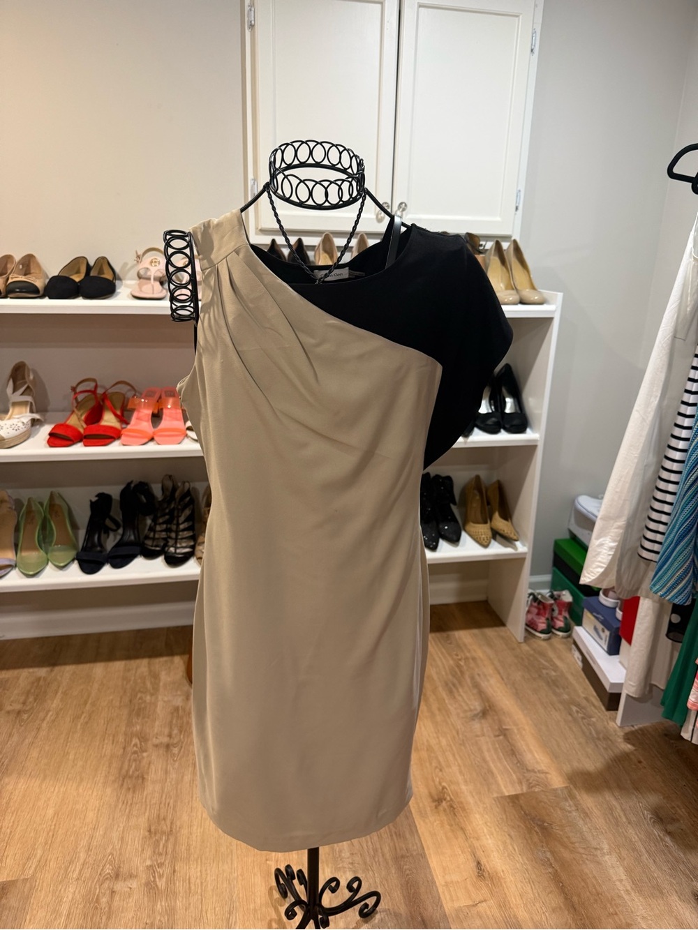 Calvin Klein Beige One-Shoulder Sheath Dress with Black Accent